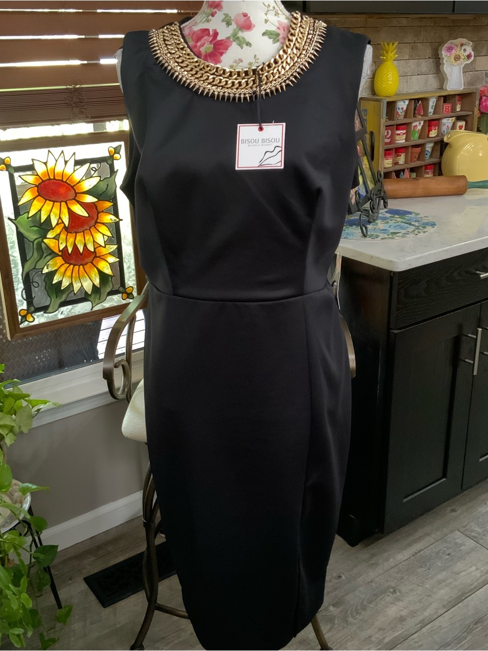 Bisou Bisou Black Dress Gold Chain Neckline Cocktail Party Thigh Slit Sz 16 New